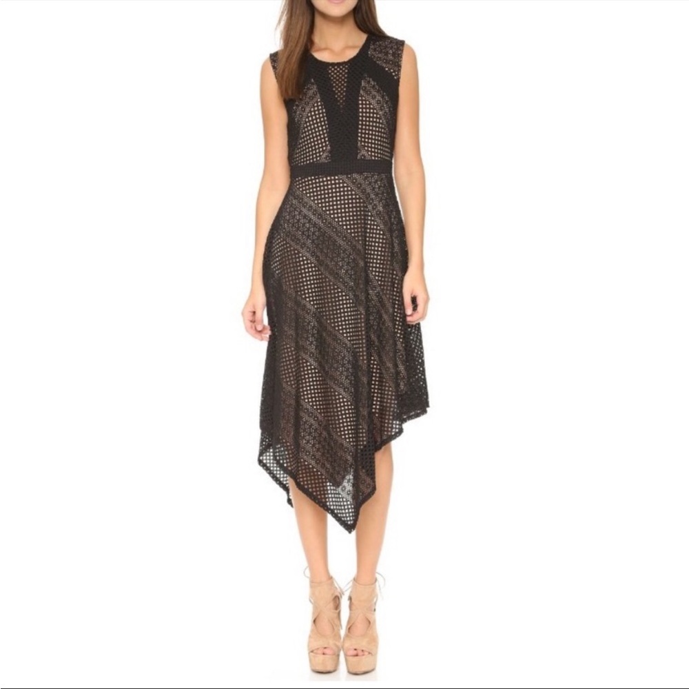 BCBGMAXAZRIA TRACIE ASYMMETRICAL DRESS BLACK EYELET WITH NUDE LINING